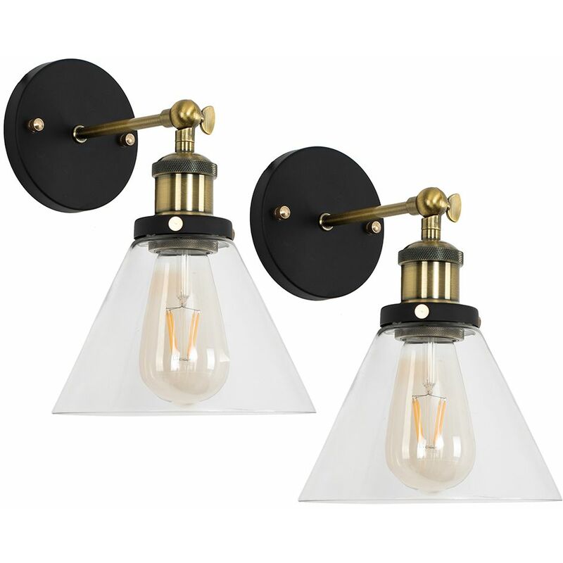 Minisun - 2 x Industrial Black & Gold Wall Lights With Clear Glass Conical Shades - No Bulb