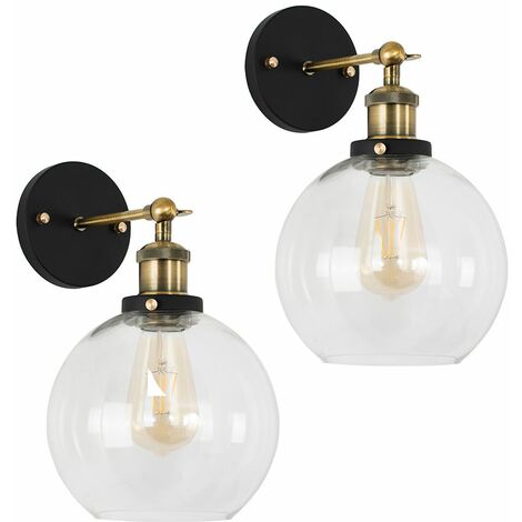 main image of "2 x Industrial Black & Gold Wall Light Fittings with Clear Glass Globe Shade - No Bulbs"