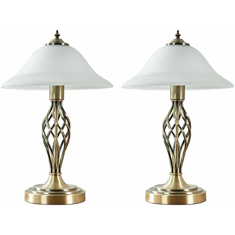 2 x Antique Brass Barley Twist Table Lamps Frosted Alabaster Shade - Add LED Bulbs