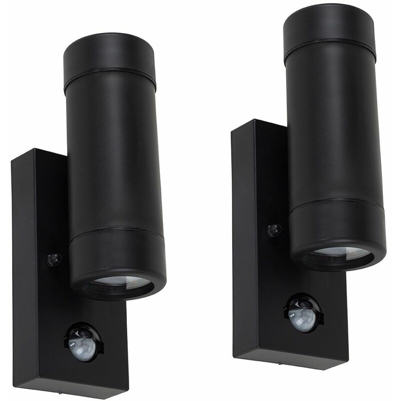 2 x Black IP44 Rated Outdoor Garden Up / Down Wall Lights With PIR Motion Sensor - Add LED Bulbs