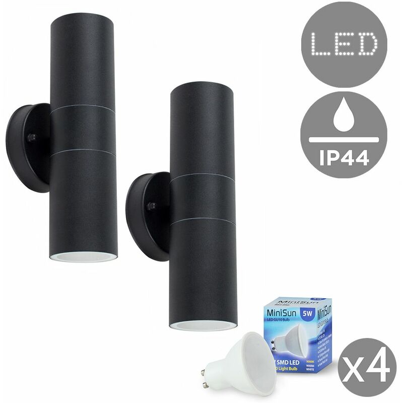 2 x Black Stainless Steel Outdoor Up/Down Wall Lights - LED Bulbs