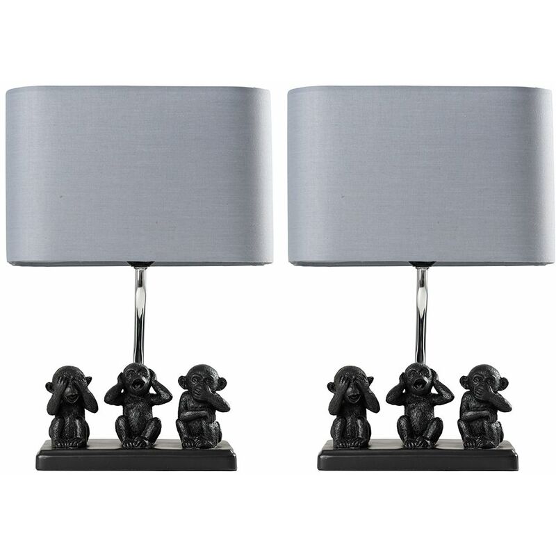 Minisun - 2 x Black Three Wise Monkeys Table Lamps Grey Shade - Add LED Bulbs
