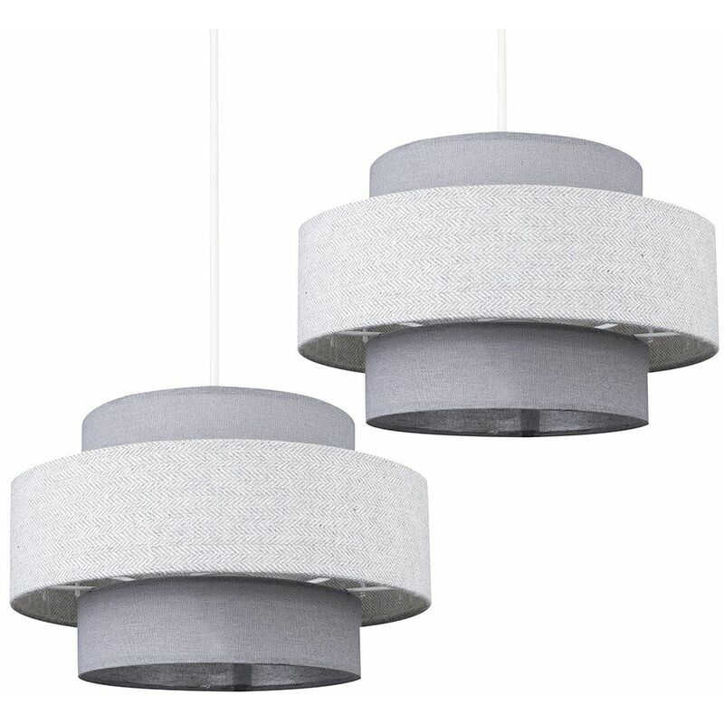Minisun - 2 x Weaver Ceiling Pendant Light Shades In Dark Grey & Light Grey Herringbone - Including LED Bulb