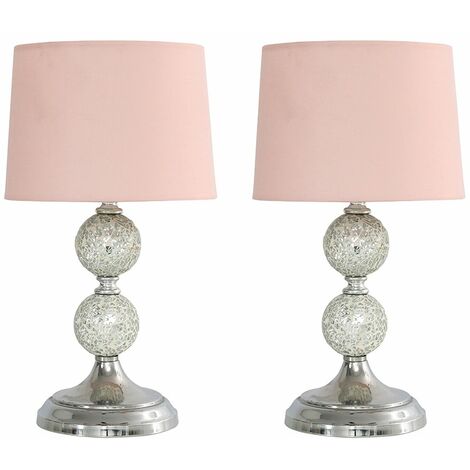 2 X Decorative Chrome Mosaic Crackle Glass Table Lamps 4w Led Bulbs Warm White Pink B0266