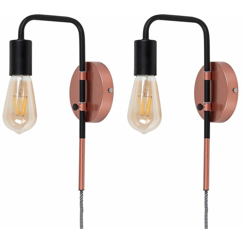Minisun - 2 X Industrial Copper & Black Plug In Swing Arm Wall Lights + 4W LED Filament Bulbs Warm White