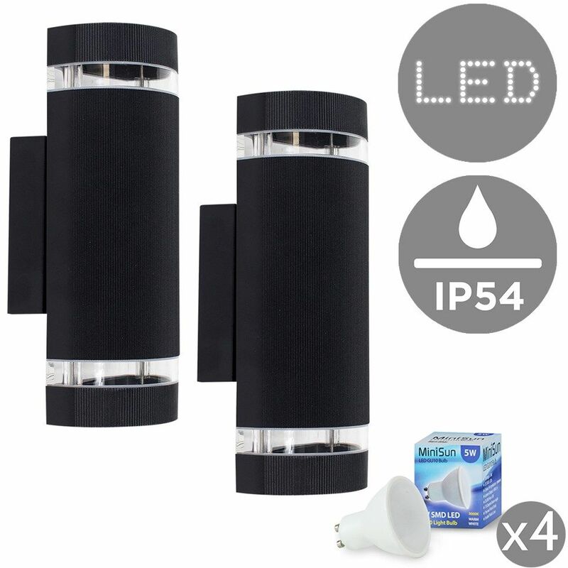 2 x Outdoor Ip54 Black Ribbed Glass Shade Wall Light Fittings - Add LED Bulbs