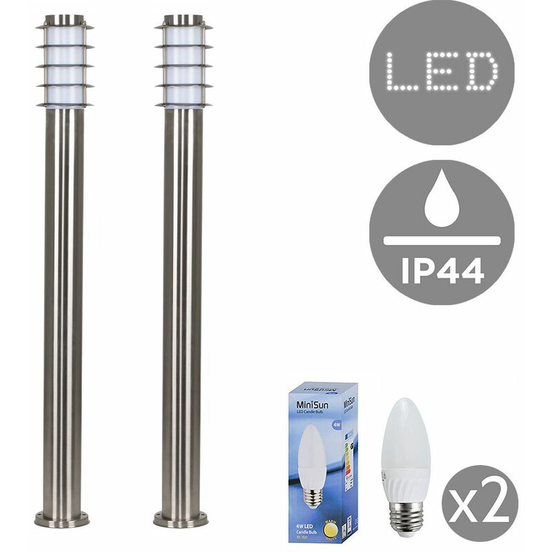 Minisun - 2 x Outdoor Stainless Steel Bollard Lantern Light Posts - Add LED Bulbs