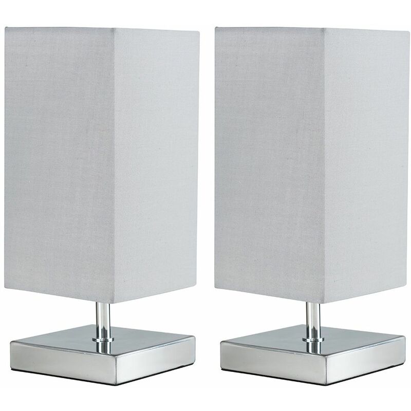 2 x Square Chrome Touch Table Lamps - Grey - Including LED Bulb