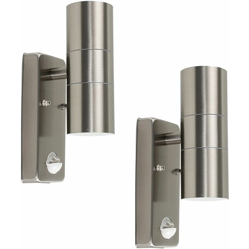 2 x Stainless Steel Up / Down Outdoor Security Wall Lights PIR Motion Sensor - Add LED Bulbs