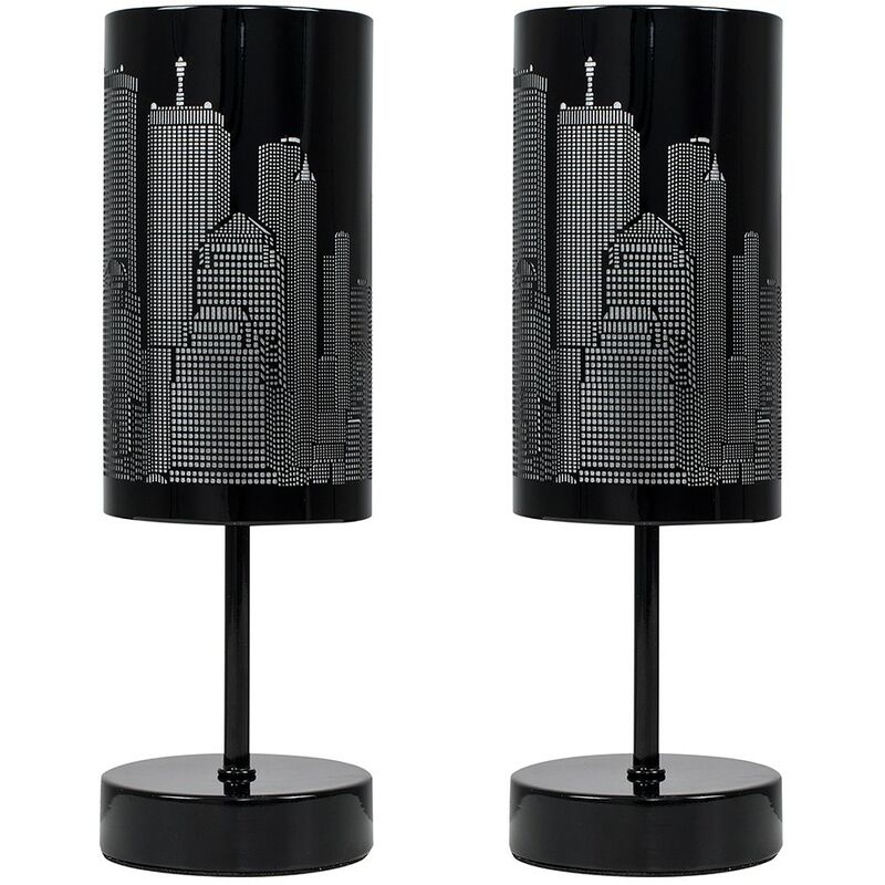 2 x Touch Table Lamps Dimmable New York Skyline Lighting - Add LED Bulbs