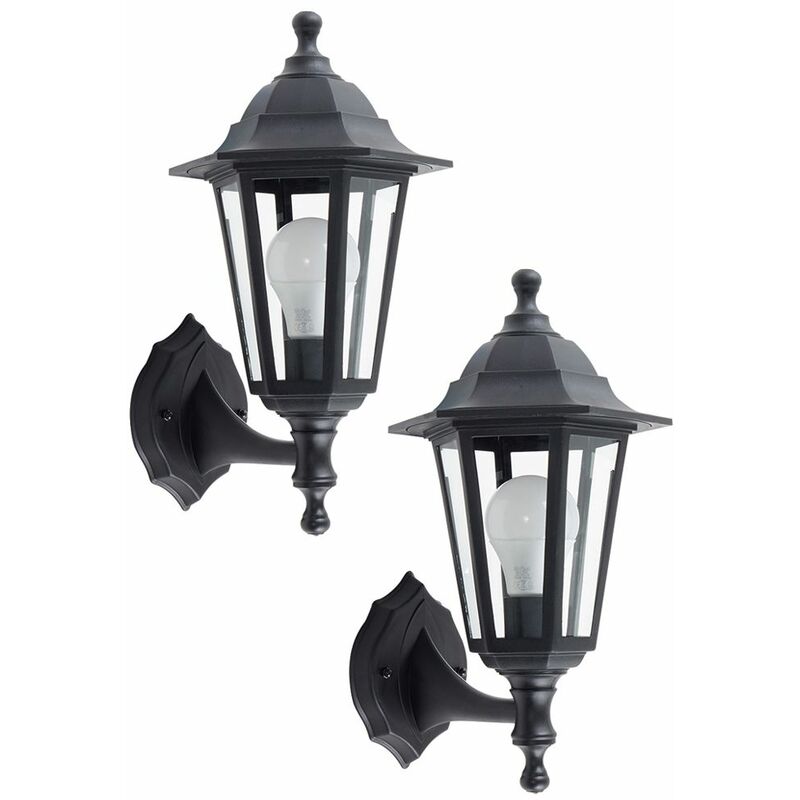 2 x Traditional Black Outdoor Security IP44 Rated Wall Light Lanterns - Add LED Bulbs