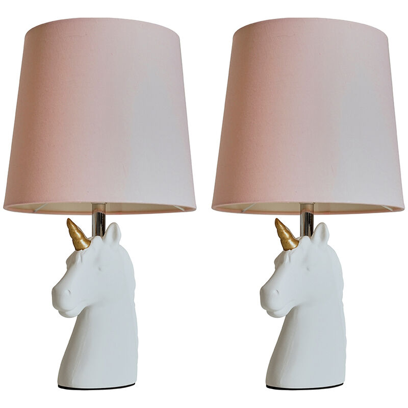 2 x White & Gold Ceramic Unicorn Table Lamps Pink Light Shade - No Bulb
