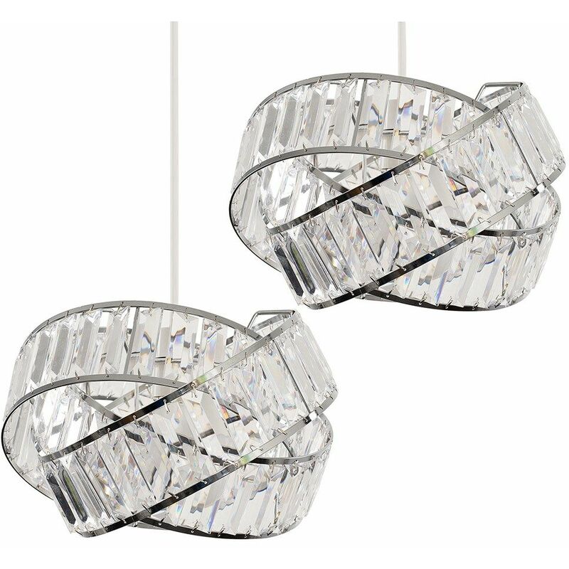 2 x Chrome & Clear Acrylic Jewel Ring Ceiling Pendant Light Shades - Add LED Bulbs