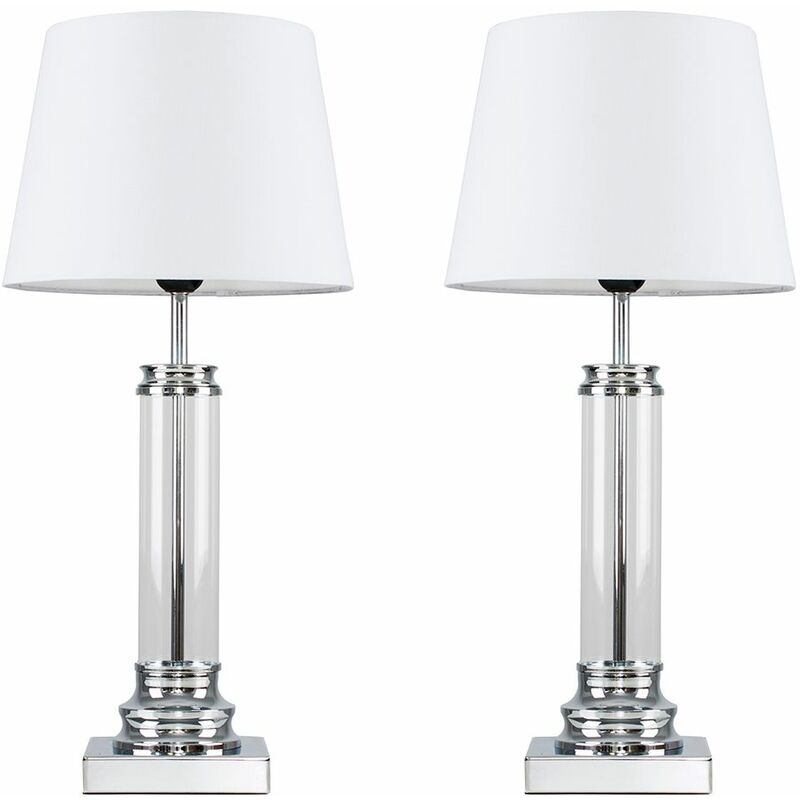 2 x Clear Glass Column Touch Table Lamps with White Shades - No Bulbs
