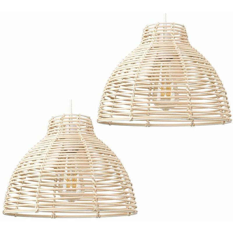Minisun - 2 x Cream Wicker Rattan Basket Ceiling Pendant Light Shades + 10W LED GLS Bulbs Warm White