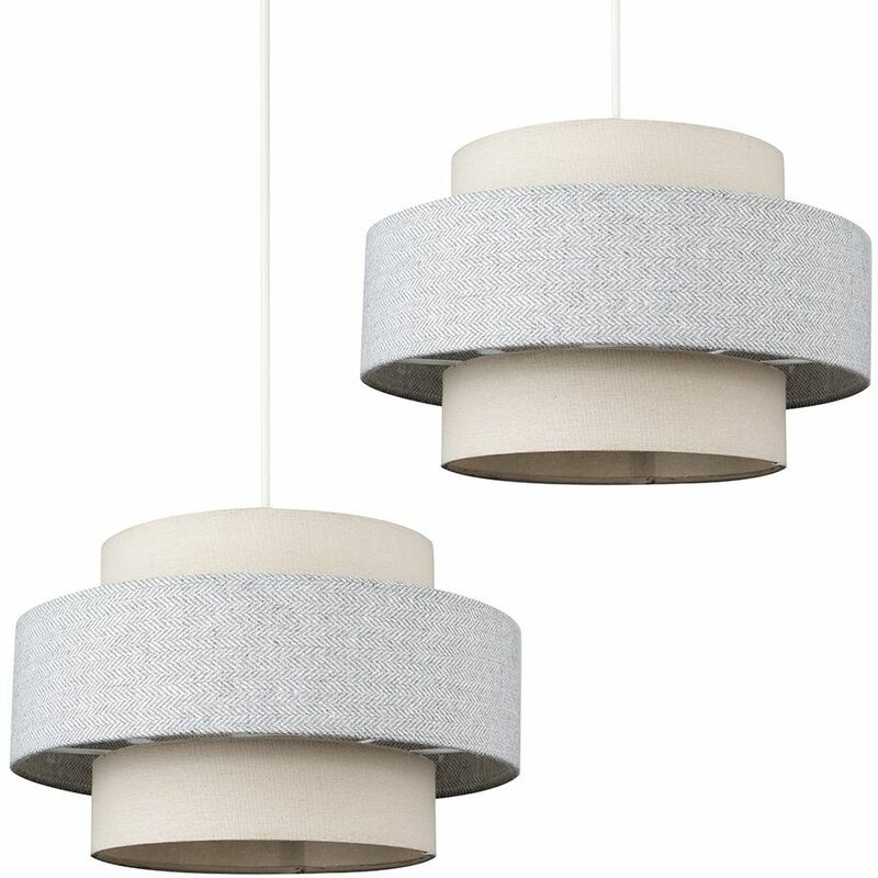 Minisun - 2 x Ceiling Pendant Light Shades In A Cream & Grey Herringbone Finish 10W LED Bulbs Warm White