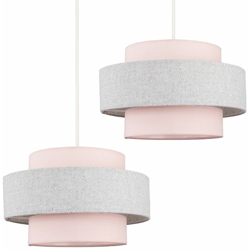Minisun - 2 x Ceiling Pendant Light Shades In A Pink & Grey Herringbone Finish