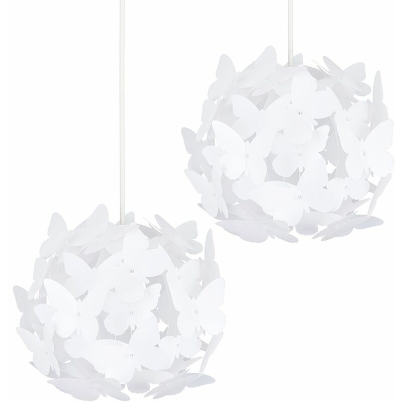 Minisun - 2 x Globe Ceiling Pendant Light Shades With Decorative White Butterflies + 10W LED GLS Bulbs Warm White