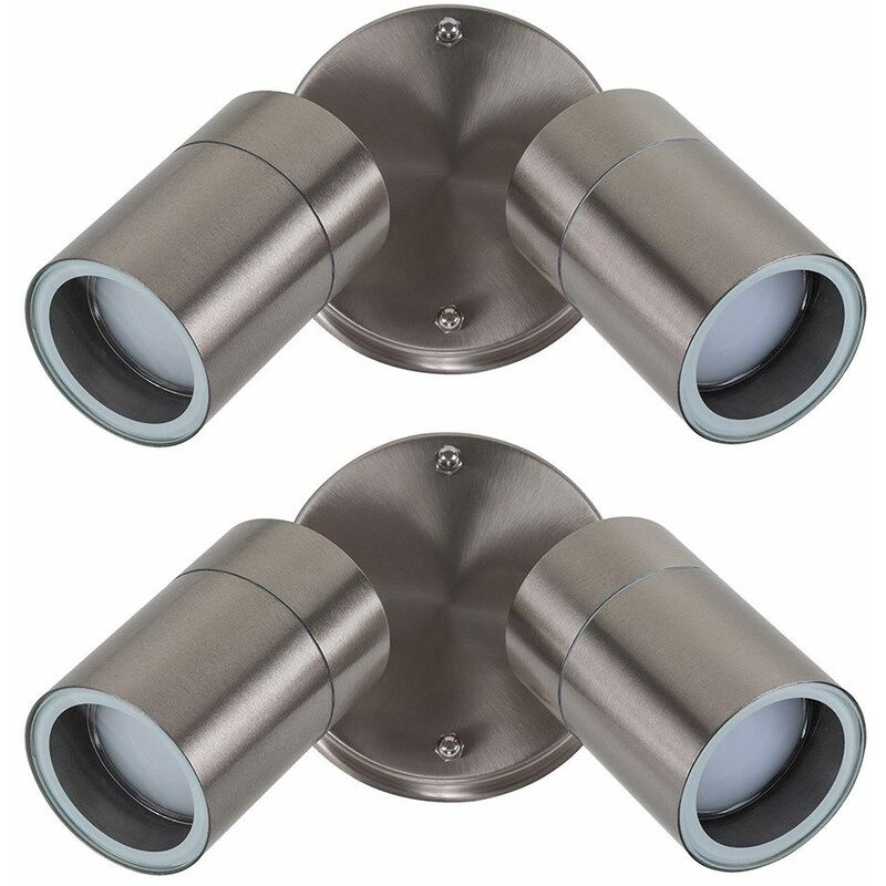 2 x IP44 Rated Stainless Steel Outdoor Garden Twin Wall Spotlights 3W LED GU10 Bulbs Warm White