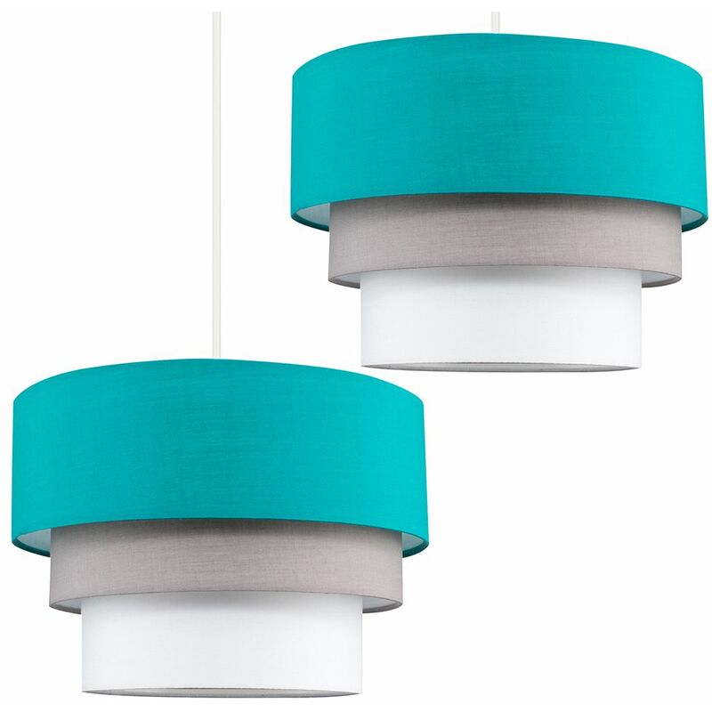2 x Round 3 Tier Turquoise Teal, Grey & White Fabric Ceiling Light Shades + 10W LED GLS Bulbs Warm White