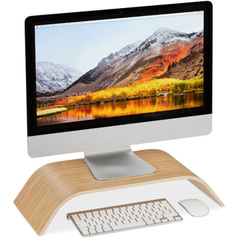 2 x Monitorständer Bambus, gebogene Bildschirmerhöhung für Schreibtisch, ergonomisch, HBT: 10 x 52,5 x 24 cm, natur