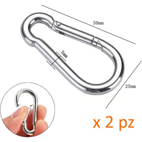 2 X MOSCHETTONE Gancio mm 5x50 ACCIAIO ZINCATO Sicurezza Arrampicata Corda A SCATTO
