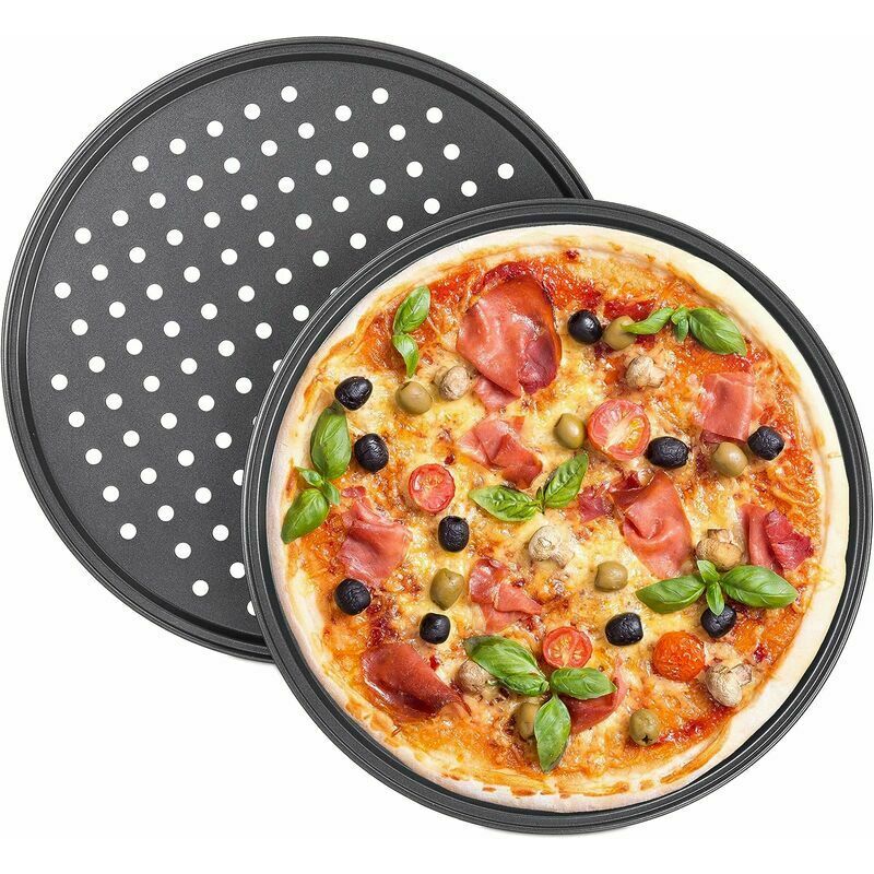 Ternel Lot de 2 moules à pizza ronds perforés antiadhésifs en acier carbone Noir Ø 32 cm
