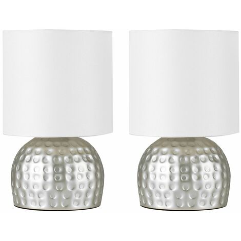 2 X Retro Hammered Satin Nickel Touch Dimmer Bedside Table Lamps White Shade