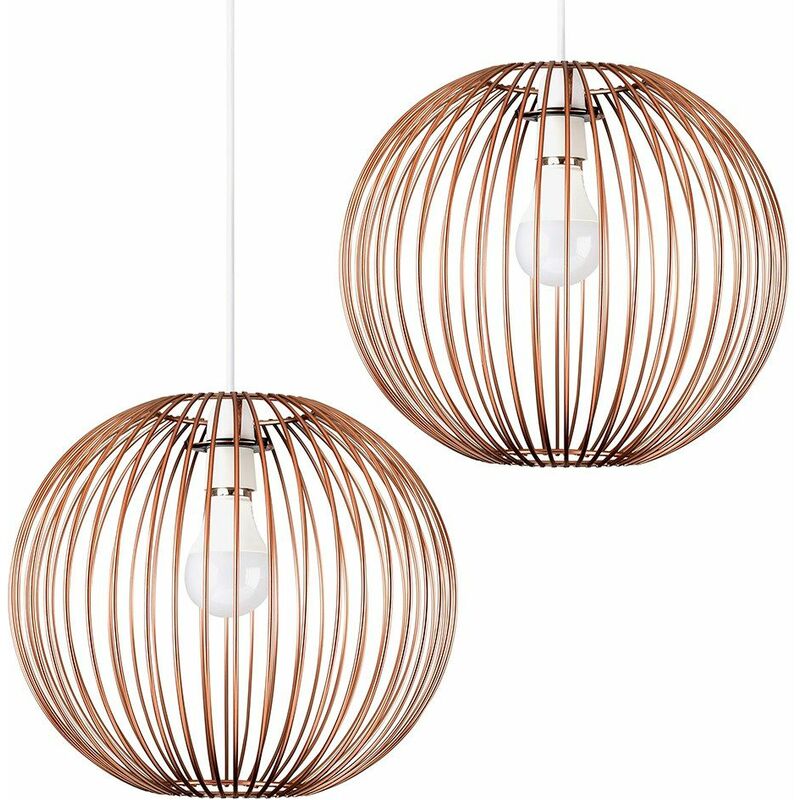 2 x Globe Ceiling Pendant Light Shades In Copper + 10W LED GLS Bulbs Warm White