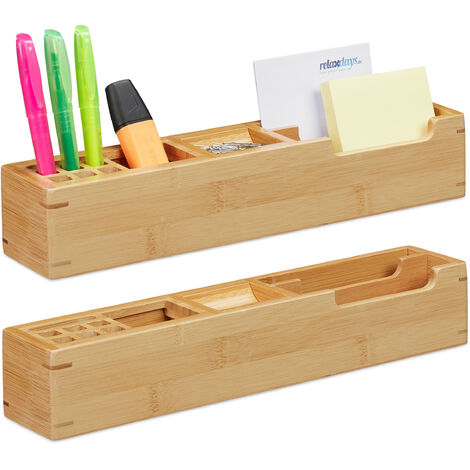 2 x Schreibtisch Organizer Bambus, 11 Fächer Aufbewahrungsbox, Stifteköcher, Büro Organizer, HxBxT: 6 x 32 x 7 cm, natur