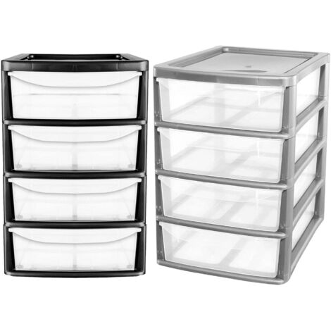 2 x Silver A4 Desktop Plastic Storage Drawers Table Top Organiser 4 Pull Out Drawers