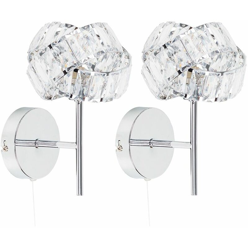 2 x Chrome & Clear Acrylic Jewel Intertwined Rings Pull Switch Wall Lights - No Bulbs