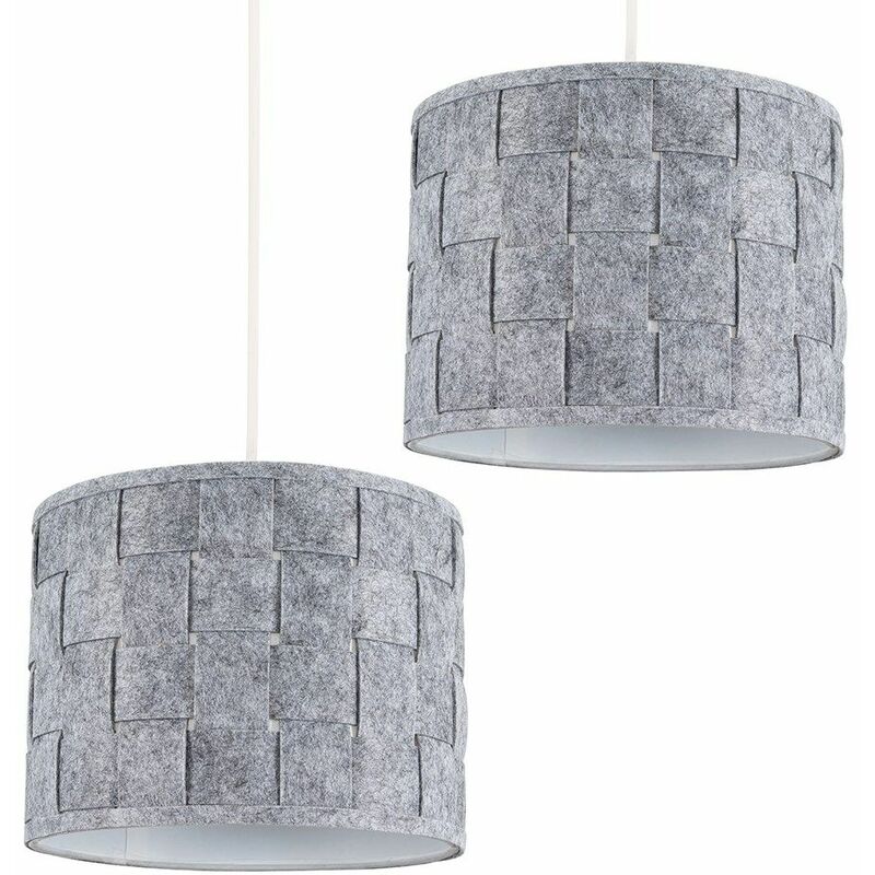 2 x Small Grey Felt Weave Ceiling Pendant / Table Lamp Light Shades + 10W LED GLS Bulbs Warm White