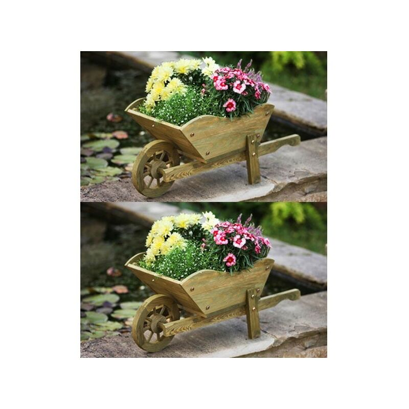 2 x Wooden Wheelbarrow Flower Planter Tan Ornament 5020030 - Smart Garden