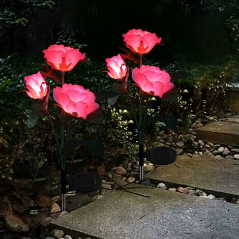 2 X Solar Flower Rose Lights Outdoor Colour Changing Solar Lights Waterproof Solar Stake Lights for Garden Patio Backyard Pathway Driveway Decoration (Pink)