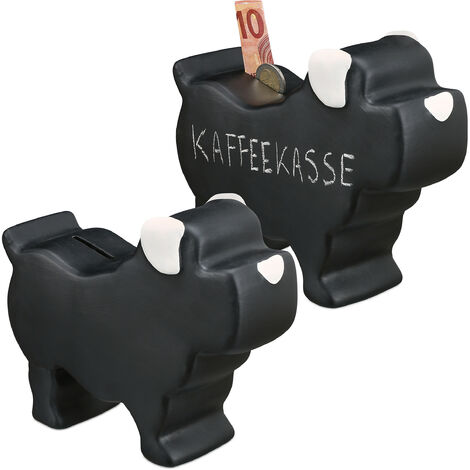 2 x Spardose, Hund, Keramik mit Tafellack, mit Kreide, Sparschwein zum Beschriften, HBT: 17 x 8,5 x 20 cm, schwarz