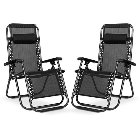 main image of "2 x Sun Lounger Garden Chairs with Cup Holder and Headrest Pillow Zero Gravity Chair Heavy Duty Textoline Chair Black"