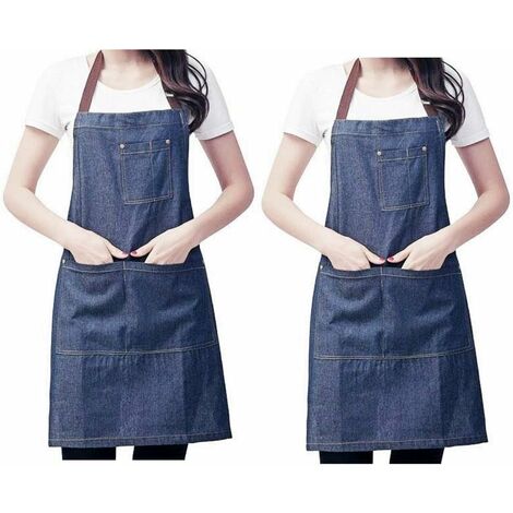 2 x tablier de cuisine réglable en jean denim avec grandes poches pour femmes hommes pour cuisiner barbecue grill café
