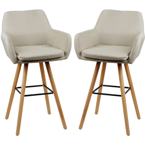 2 x Taburete de bar para restaurante, cocina alta, con respaldo cuadrado, lino, beige
