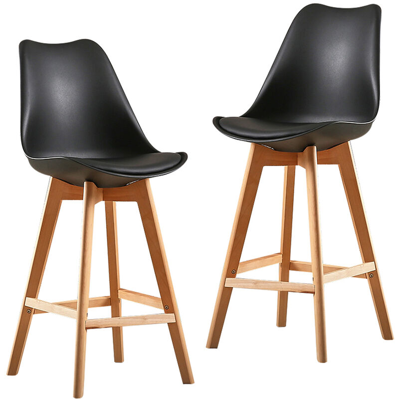 

2 x Taburete de bar Silla Cocina alta Restaurante con respaldo Reposapiés Cuero ecológico Madera moderna, Negro