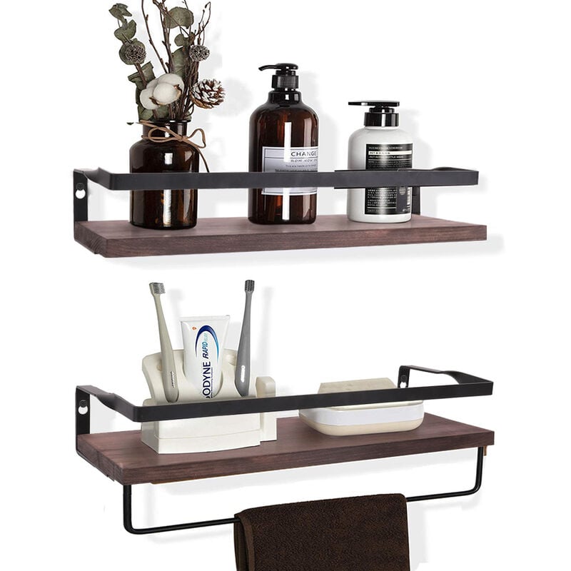 Unho - 2 x Étagère Murale - Étagère Flottante en Bois avec Porte Serviette de 36.5cm - Étagère Rangement Murale pour Cuisine Chambre Salon Salle de