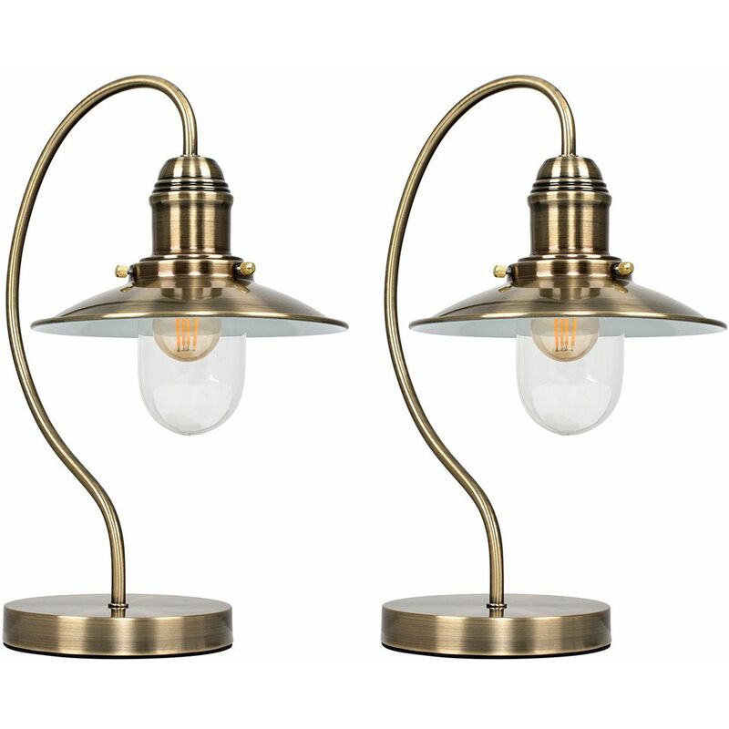 2 x Metal & Glass Lantern Wall Lights - Antique Brass - Including LED Bulb