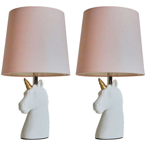 2 x White & Gold Ceramic Unicorn Table Lamps Pink Light Shade - Add LED Bulb