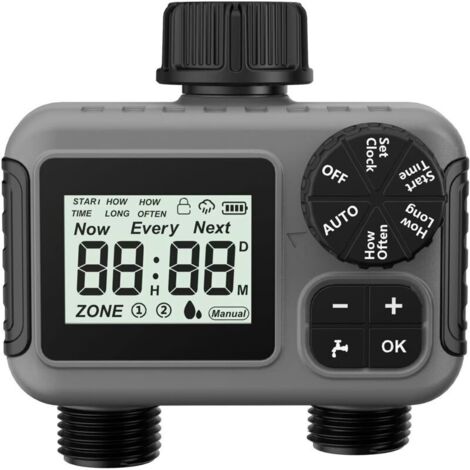 2-zone watering timer, programmable garden hose timer with Auto/Manual/Rain Delay modes