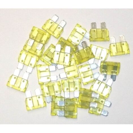 20-A-Stecksicherungen, 25er-Packung – Schutz elektrischer Geräte – Abmessungen 19 x 4,5 mm – Gelb