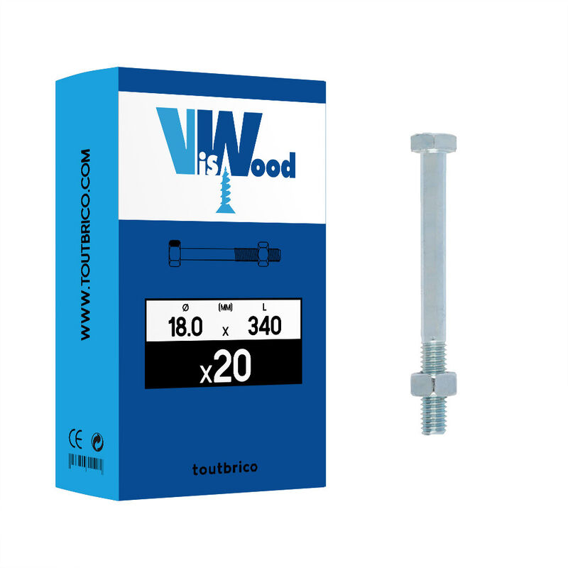 Viswood - 20 boulons de charpente tête hexa 18x340mm zingué