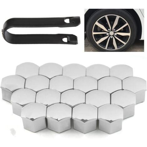 20 cache-écrous de roue argentés, anti-poussière, finition chromée hexagonale