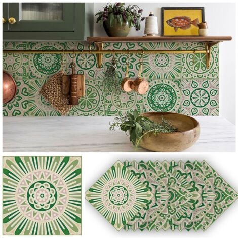 20 cm (7,8 ") 12 pcs Vintage Vert Antique Mur Carrelage Autocollants Peel and Stick Backsplash Auto-Adhésif Vinyle Décoration de La Maison Salon Chambre Crédences pour Carrelage De Cuisine Peinture Bâ