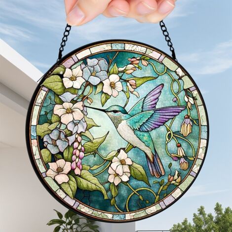 20 cm Attrape-soleil fleurs oiseaux abeille en vitrail, décoration suspendue jardin maison, cadeau anniversaire