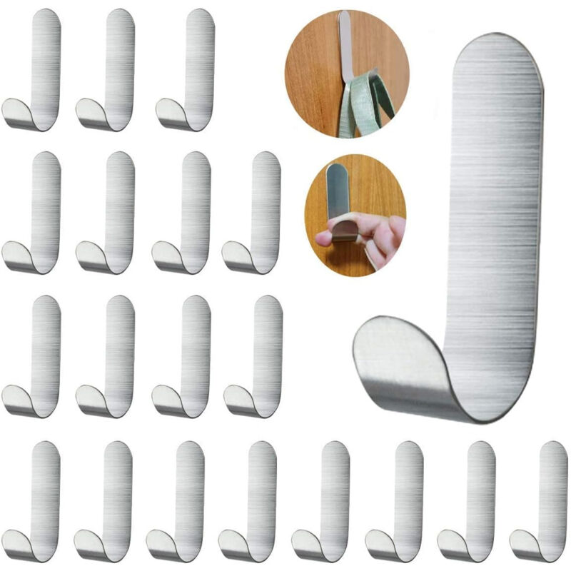 20 crochets adhésifs en inox pour manteau, cuisine, serviette - Lot de 20, argent